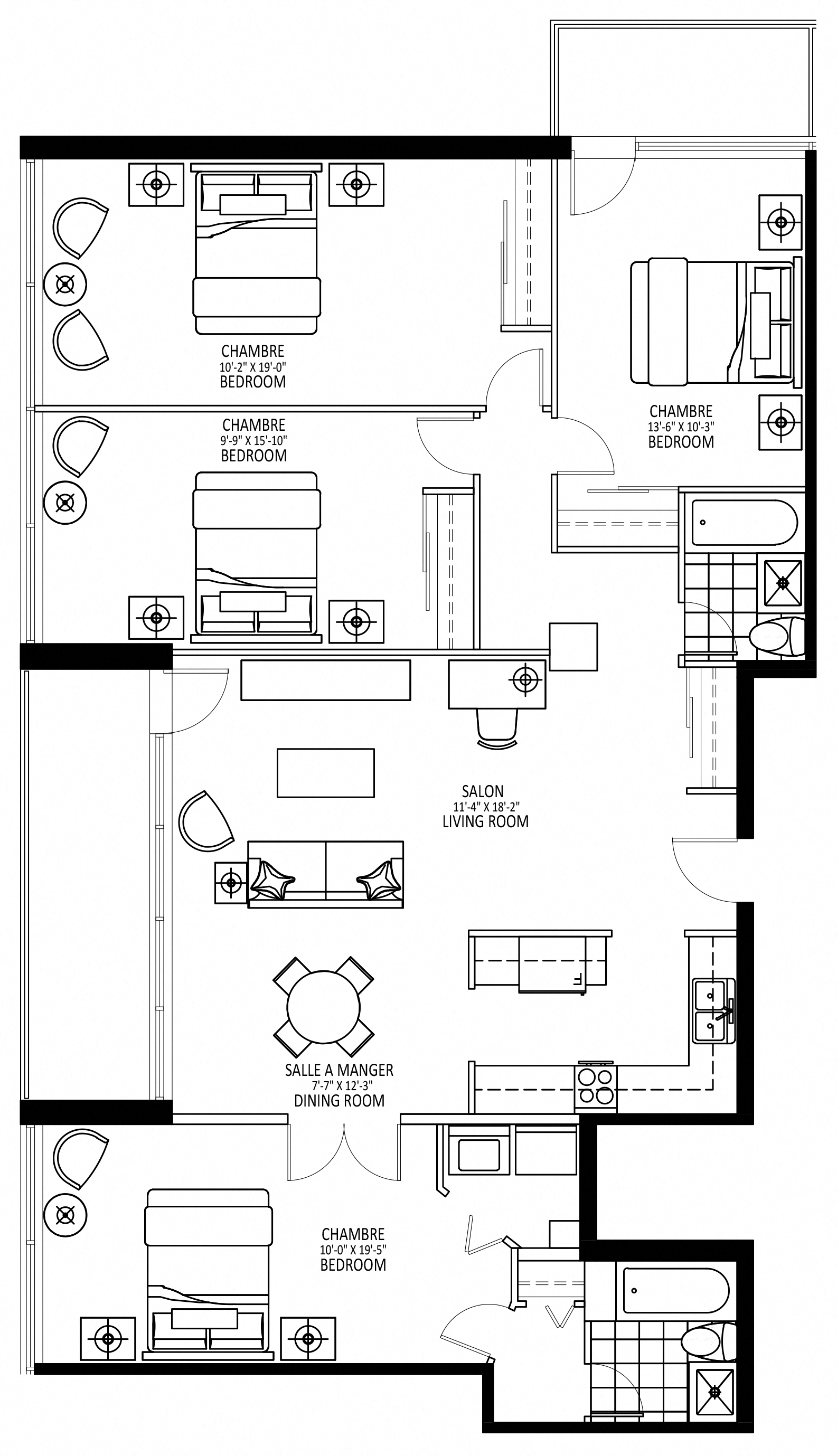 Floor plan for 4 beds, 2 baths, 1365 sqft